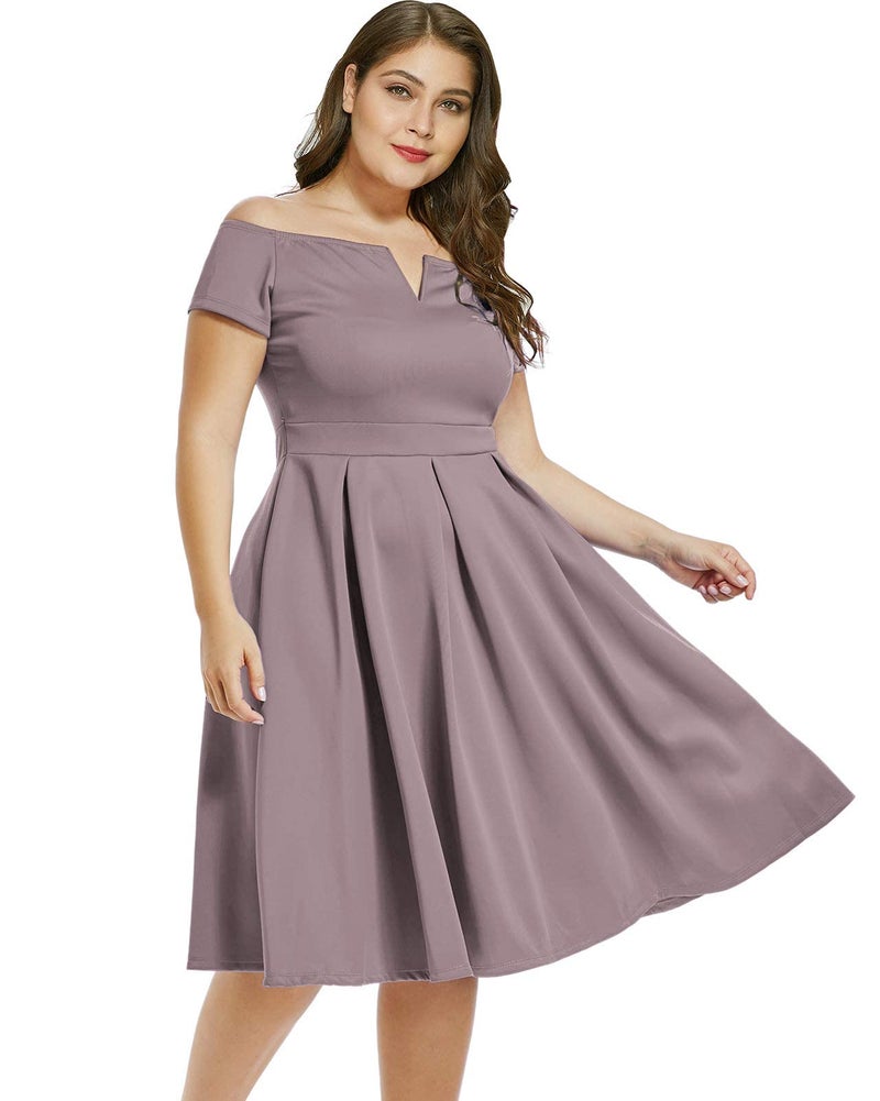 LALAGEN Women's Plus Size Vintage 1950s Party Cocktail Wedding Swing Midi Dress Gray Purple XL - Image 2